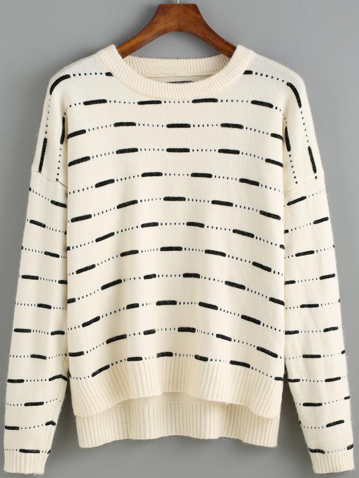 Romwe Dip Hem Striped White Sweater