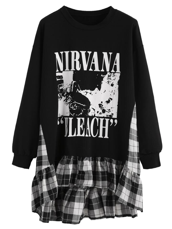 Romwe Contrast Plaid Letter Print High Low Ruffle Hem Sweatshirt