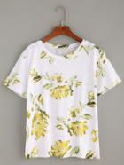 Romwe Yellow Flower Print Slub T-shirt