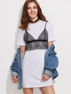 Romwe White Short Sleeve Tee Dress With Contrast Lace Cami Top