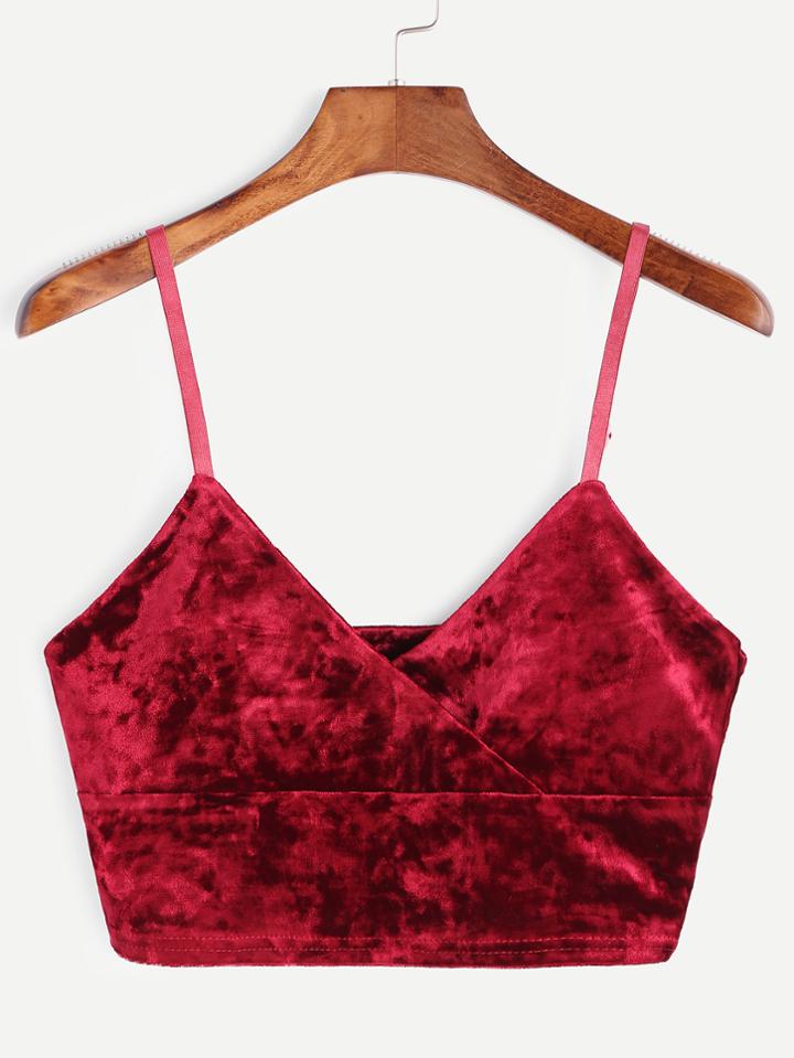 Romwe Burgundy Velvet Wrap Crop Cami Top