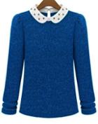 Romwe Blue Contrast Collar Long Sleeve Knit Sweater