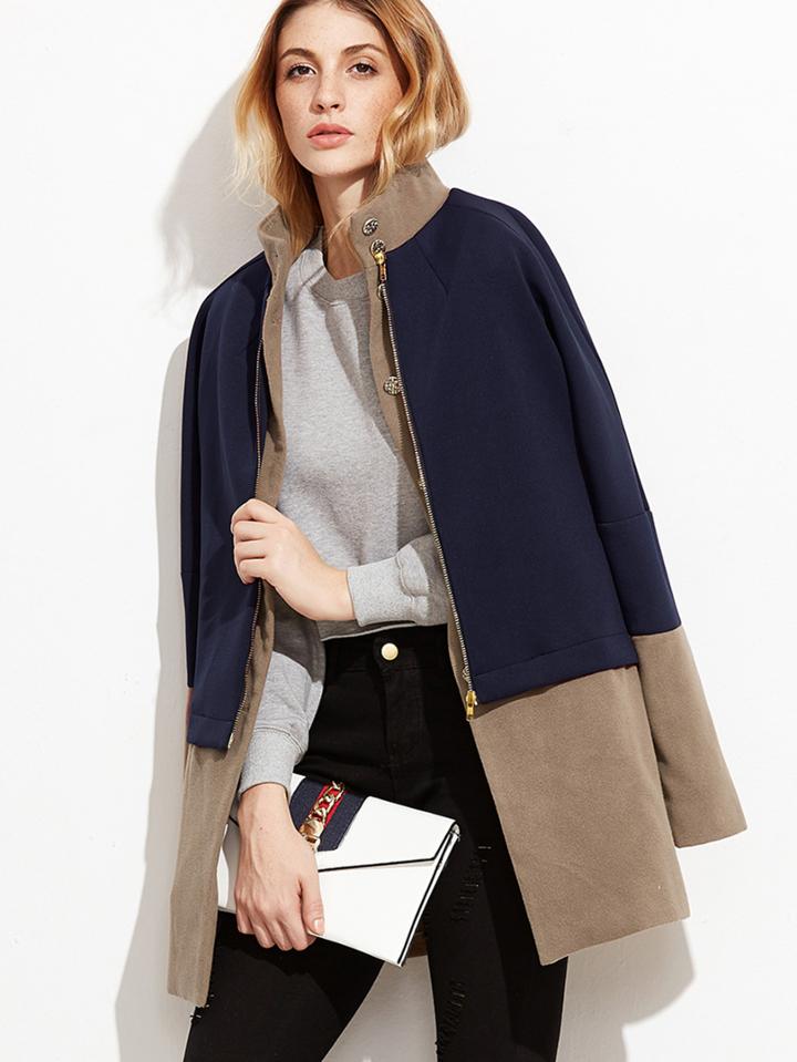 Romwe Color Block Stand Collar 2 In 1 Coat