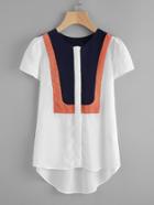 Romwe Contrast Panel Puff Sleeve Dip Hem Blouse