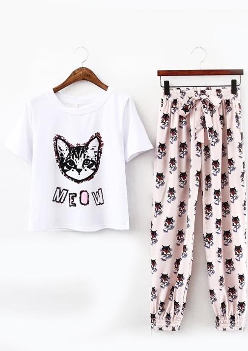 Romwe Cat Print Top With Elastic Waist Chiffon Pant