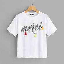 Romwe Tassel Detail Letter Print Tee