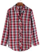 Romwe Lapel Plaid Buttons Red Blouse