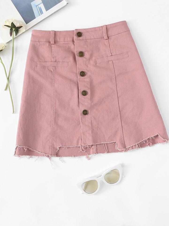 Romwe Button Raw Hem Denim Skirt