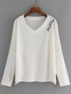 Romwe V Neck High Low Letter Embroidered White Sweater