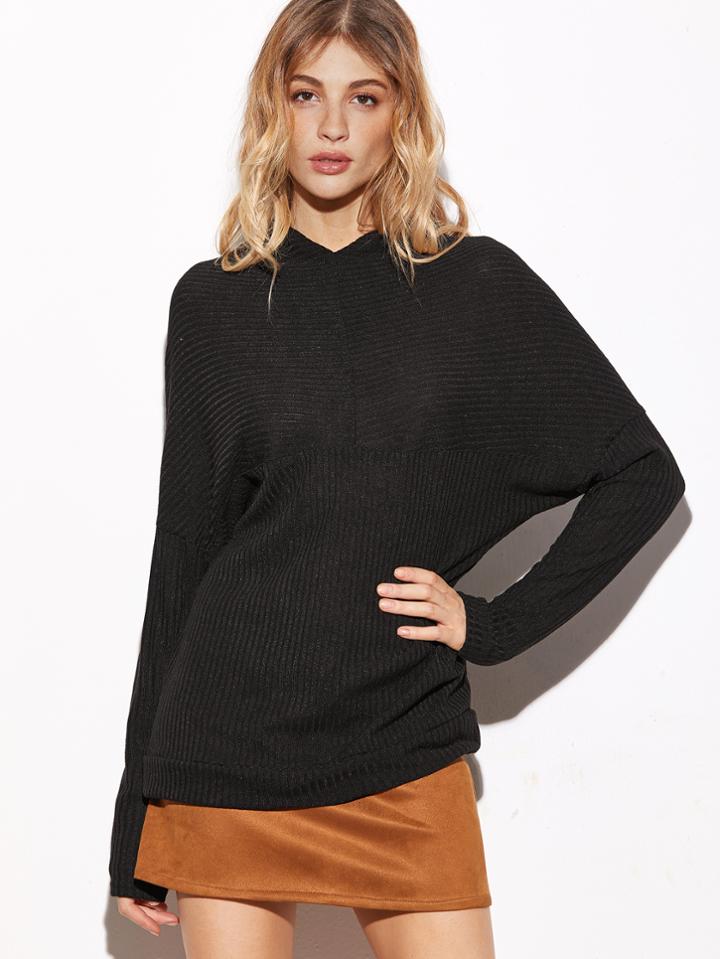 Romwe Black Dropped Shoulder Seam Ribbed Knit Sweater