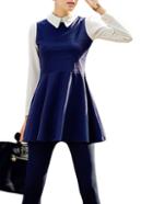 Romwe Blue Long Sleeve Peter Pan Collar Skater Dress
