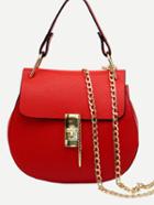 Romwe Faux Leather Handle Saddle Bag With Chain - Red
