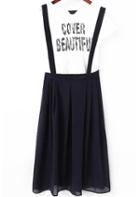Romwe Letter Print Lace Top With Straps Pleated Skirt