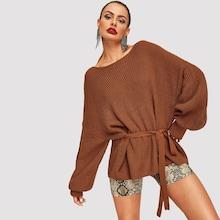 Romwe Balloon Sleeve Belted Sweater