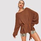 Romwe Balloon Sleeve Belted Sweater