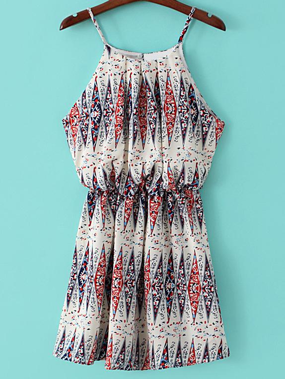 Romwe White Elastic Waist Print Spaghetti Strap Dress