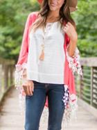 Romwe Hot Pink Lace Embellished Cardigan