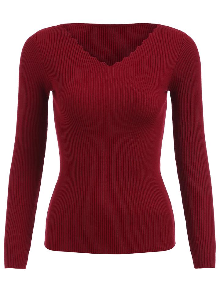 Romwe V Neck Slim Maroon Knitwear