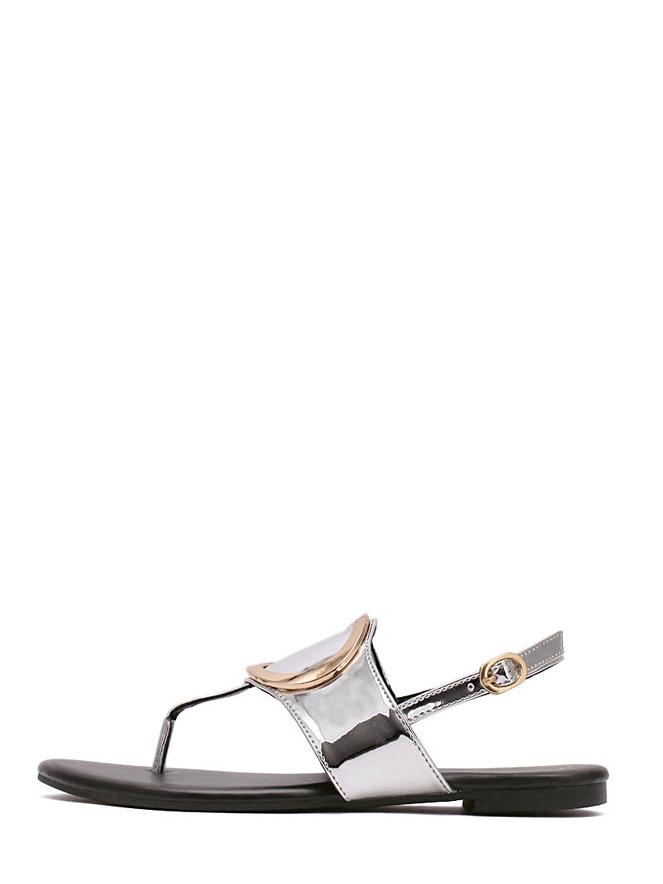 Romwe Silver Metal Decorated Buckle Strap Flip Sandals