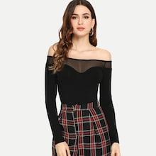 Romwe Off Shoulder Mesh Contrast Tee