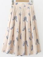 Romwe Apricot Feather Print Box Pleated Skirt