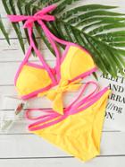 Romwe Yellow Contrast Trim Cutout Bikini Set
