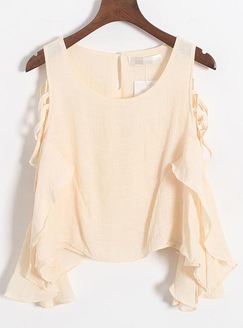 Romwe Open Shoulder Ruffle Apricot T-shirt