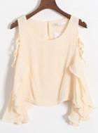 Romwe Open Shoulder Ruffle Apricot T-shirt