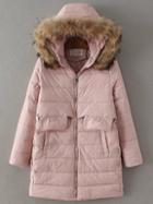 Romwe Pink Zipper Detail Padded Coat With Faux Fur Hooded
