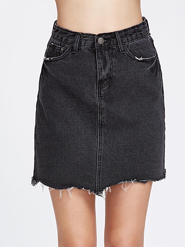 Romwe Black Raw Hem Skirt With Pockets