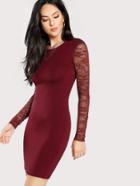 Romwe Solid Pencil Dress With Lace Sleeve