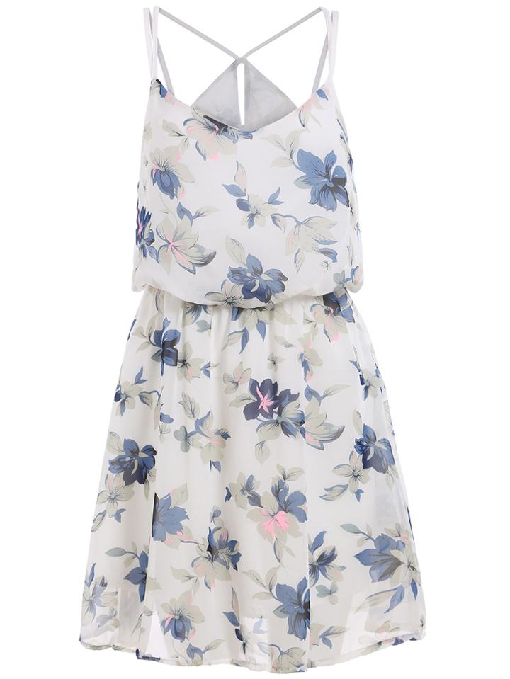 Romwe Spaghetti Strap Florals Chiffon White Dress