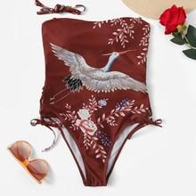 Romwe Flower & Crane Print Bandeau One Piece Swim