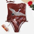 Romwe Flower & Crane Print Bandeau One Piece Swim