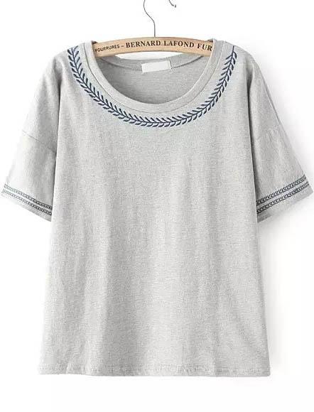 Romwe Grey Short Sleeve Embroidered Loose T-shirt