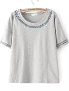 Romwe Grey Short Sleeve Embroidered Loose T-shirt
