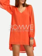 Romwe Orane V-neck Slit Sleeve Hih Low Dress