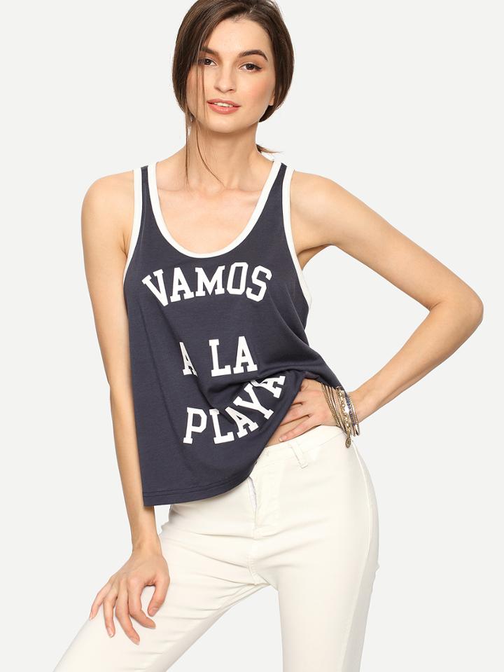 Romwe Navy Letters Print Tank Top