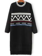 Romwe Black Geometric Pattern Fringe Hem Sweater Dress