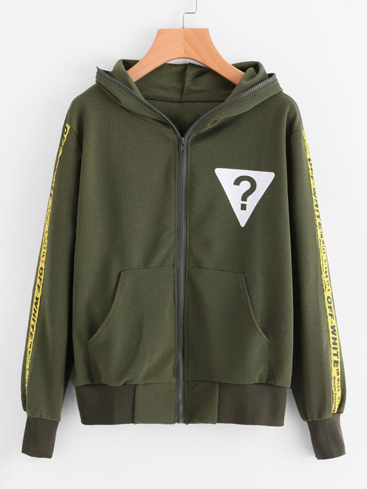 Romwe Hooded Letter Print Patch Zip Up Sweatshirt Coat
