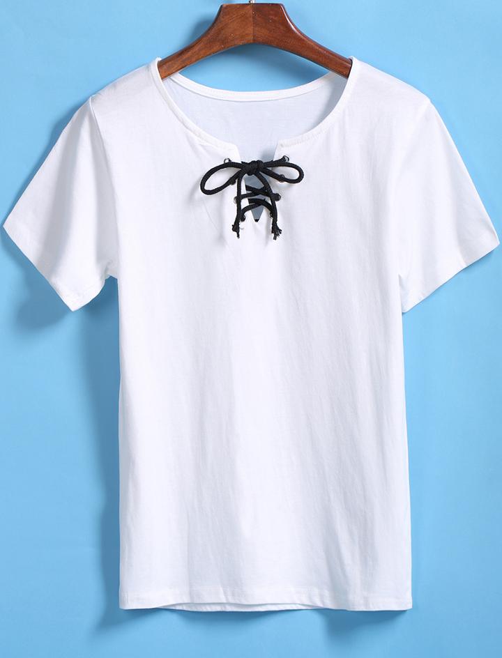 Romwe Round Neck Bandage White T-shirt