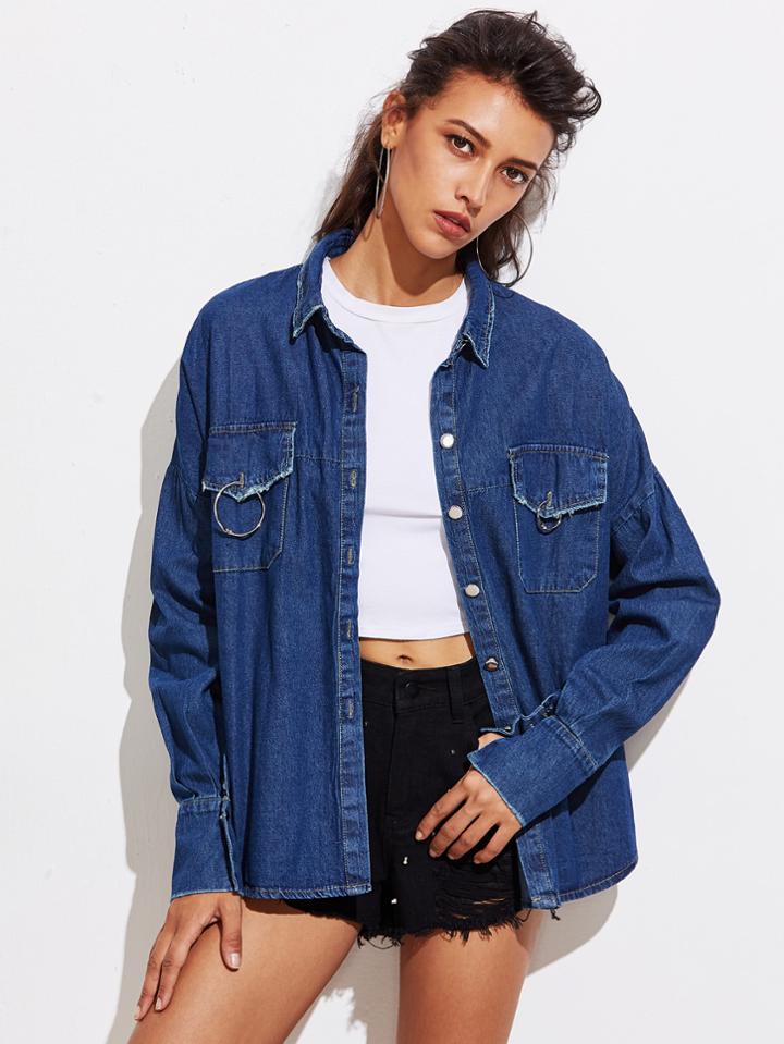 Romwe O-ring Detail Drop Shoulder Dolphin Hem Denim Jacket