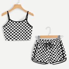 Romwe Gingham Cami Top With Drawstring Waist Shorts