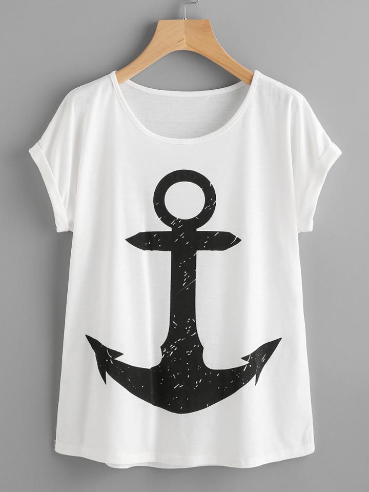 Romwe Anchor Print Dolman Sleeve Cuffed Tee
