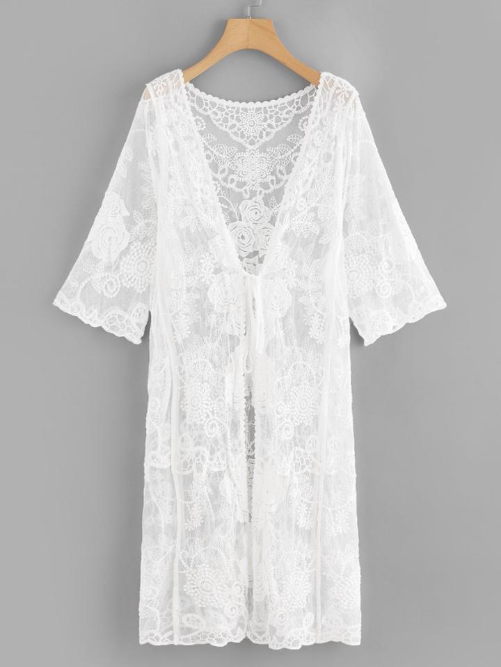 Romwe Lace Embroidered Floral Knot Front Cardigan