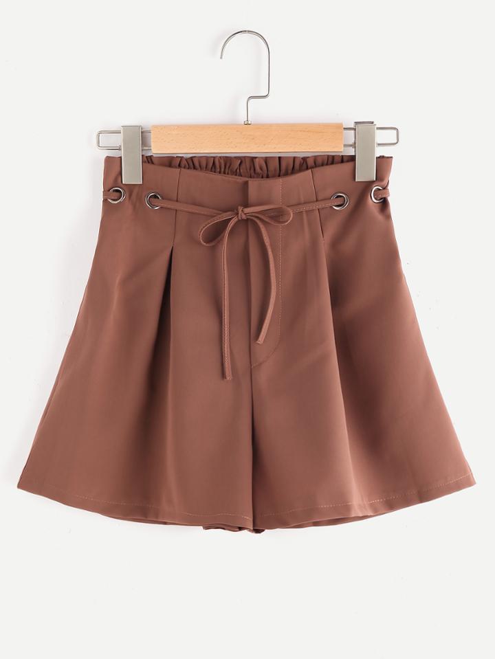 Romwe Eyelet Self Tie Waist Wide Leg Shorts