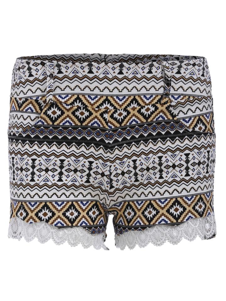 Romwe Lace Hem Geometric Print Khaki Shorts