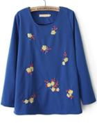Romwe Long Sleeve Embroidered Blue T-shirt