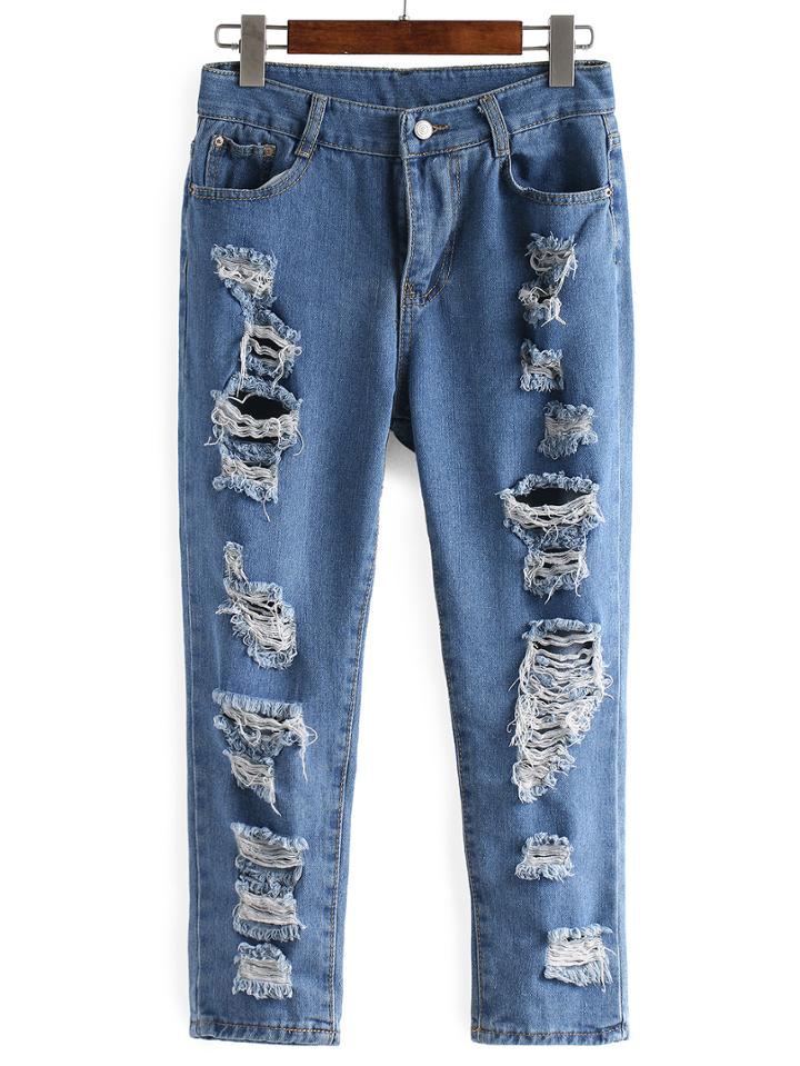 Romwe Ripped Front & Back Ankle Jeans