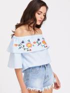 Romwe Flounce Layered Neckline Embroidered Top